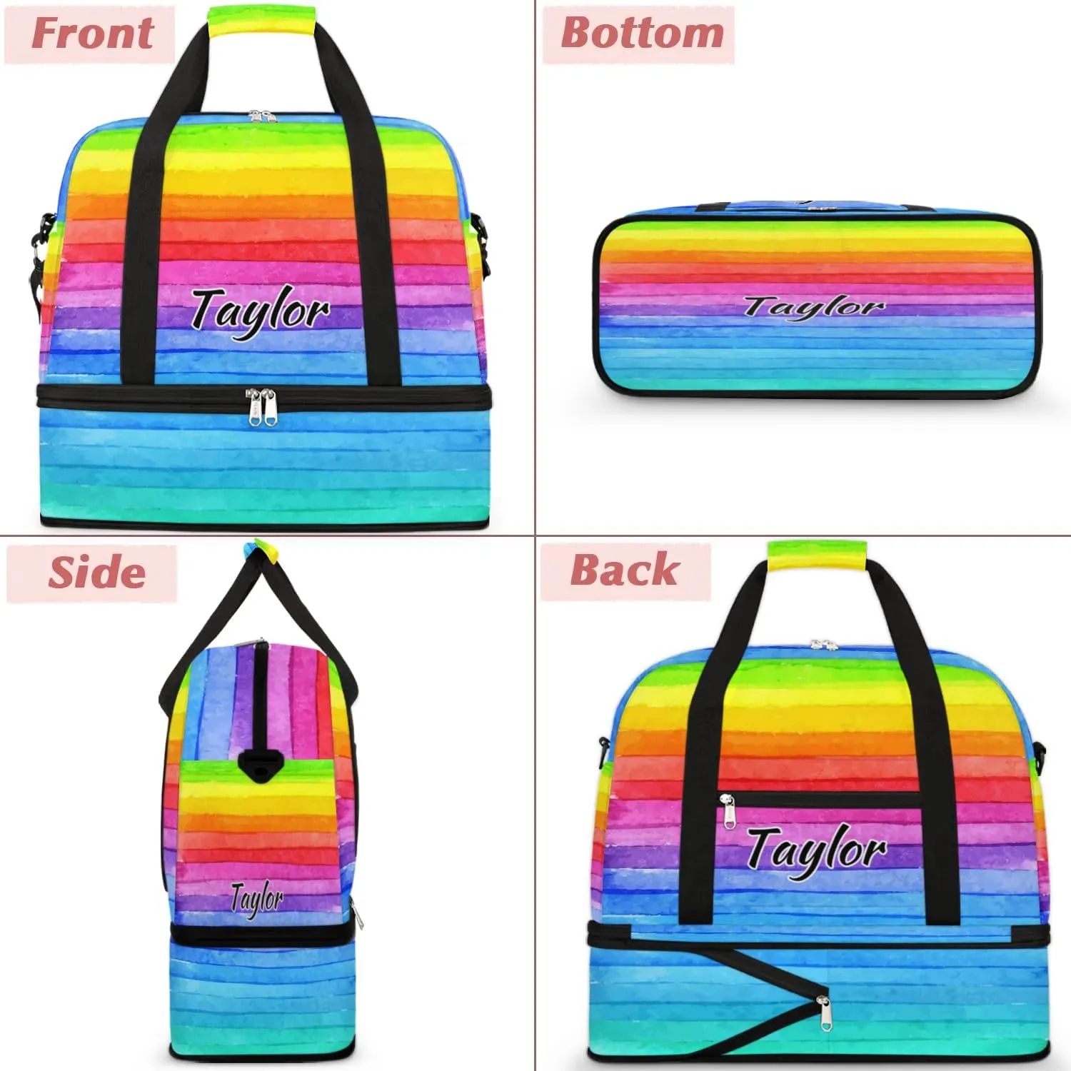 Personalized Duffel Bag with Name, Custom Rainbow Color Travel Sports Gym Yoga Beach Bag Customized Weekender Overnight Bag with Shoes Compartment for Women, Colorful Stripe