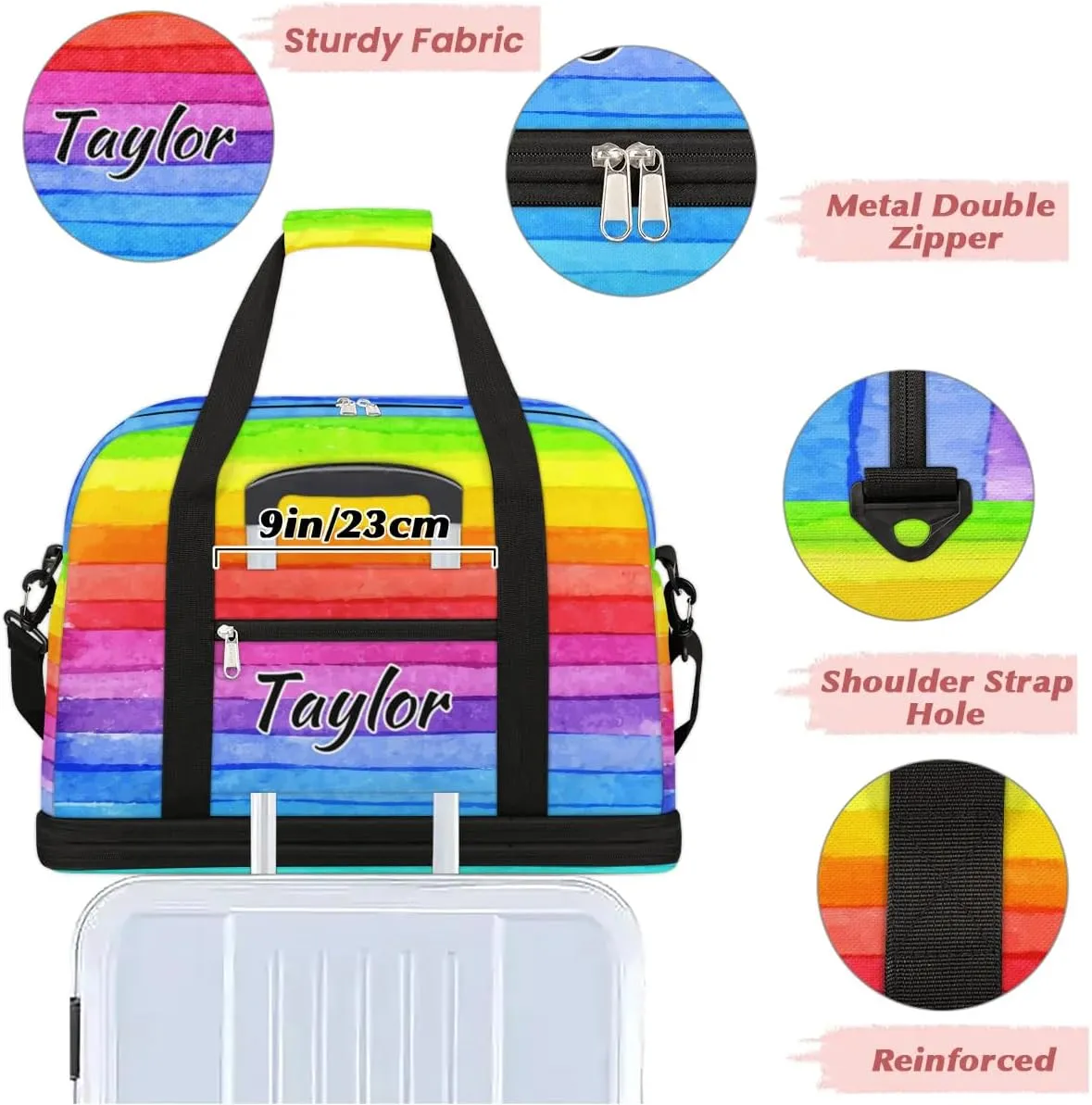 Personalized Duffel Bag with Name, Custom Rainbow Color Travel Sports Gym Yoga Beach Bag Customized Weekender Overnight Bag with Shoes Compartment for Women, Colorful Stripe