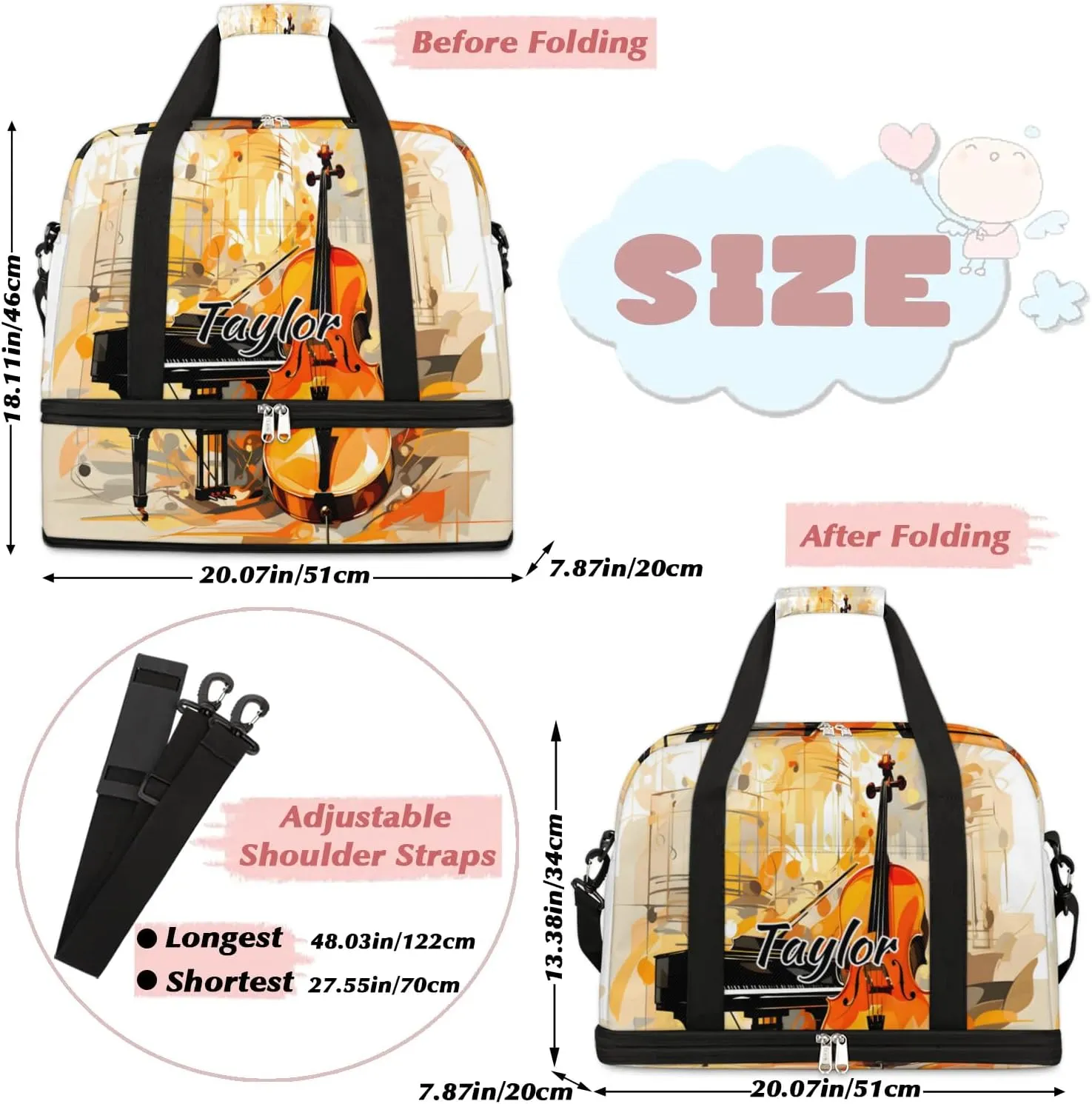 Personalized Duffel Bag with Name, Custom Violin Piano Travel Sports Gym Yoga Beach Bag Customized Weekender Overnight Bag with Shoes Compartment for Women, Musical Theme