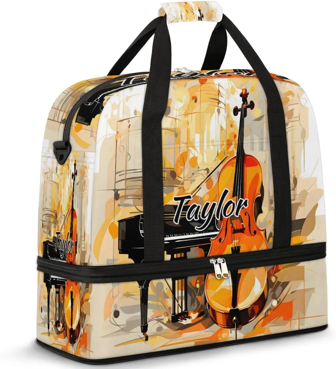 Personalized Duffel Bag with Name, Custom Violin Piano Travel Sports Gym Yoga Beach Bag Customized Weekender Overnight Bag with Shoes Compartment for Women, Musical Theme
