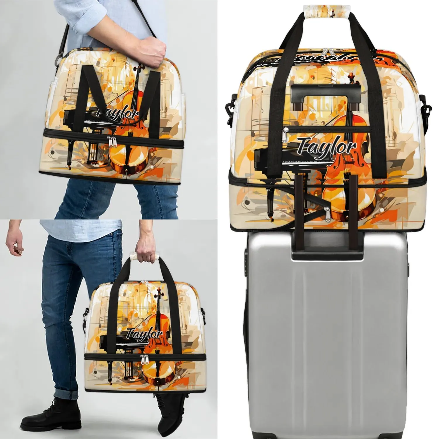 Personalized Duffel Bag with Name, Custom Violin Piano Travel Sports Gym Yoga Beach Bag Customized Weekender Overnight Bag with Shoes Compartment for Women, Musical Theme