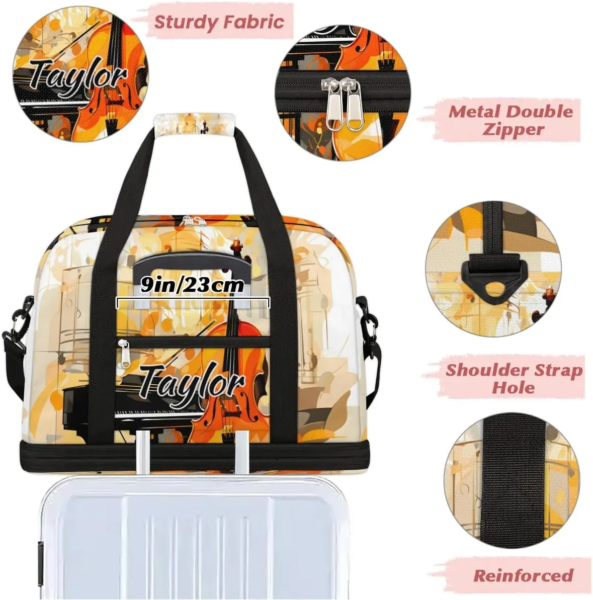 Personalized Duffel Bag with Name, Custom Violin Piano Travel Sports Gym Yoga Beach Bag Customized Weekender Overnight Bag with Shoes Compartment for Women, Musical Theme