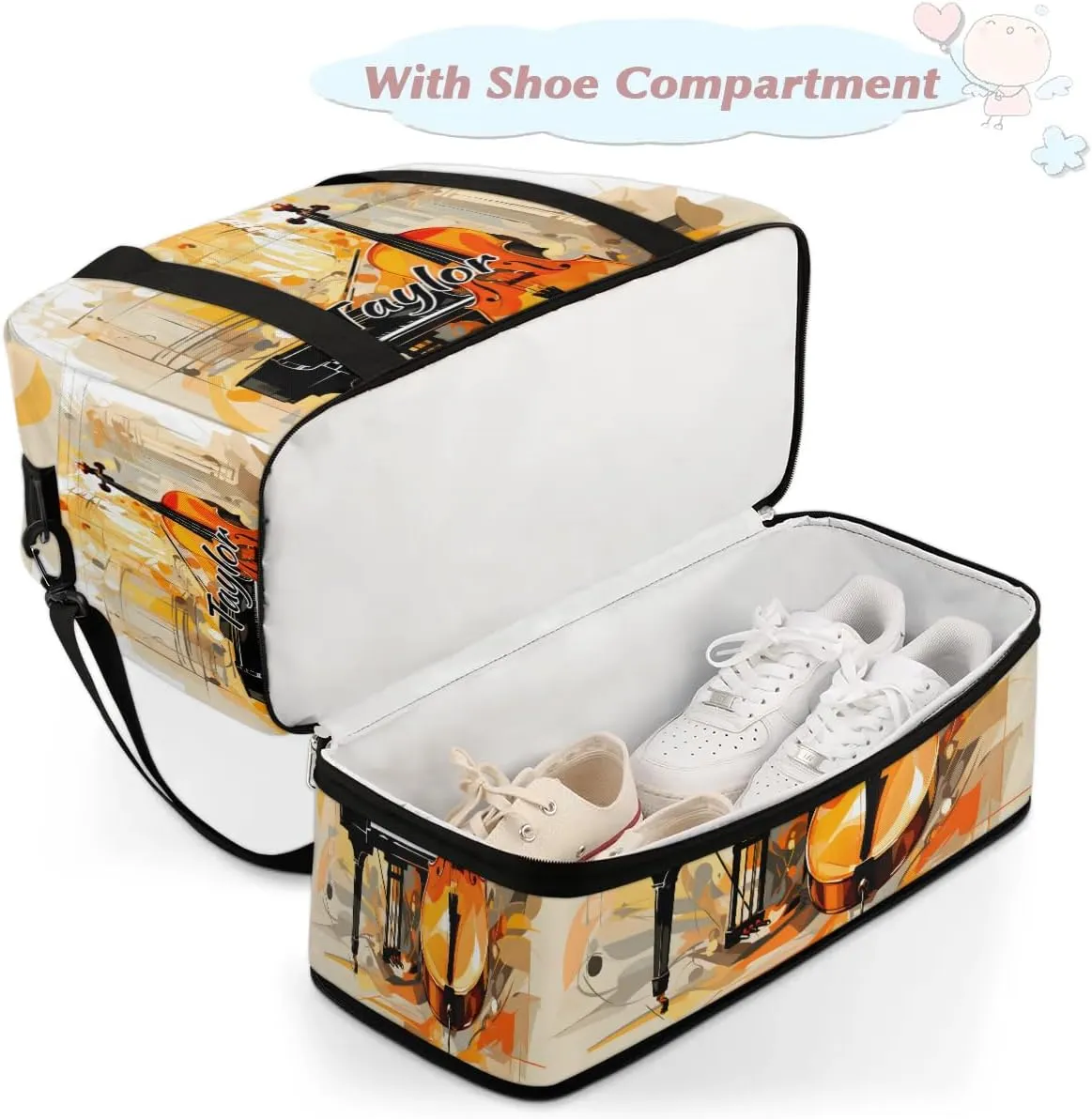 Personalized Duffel Bag with Name, Custom Violin Piano Travel Sports Gym Yoga Beach Bag Customized Weekender Overnight Bag with Shoes Compartment for Women, Musical Theme