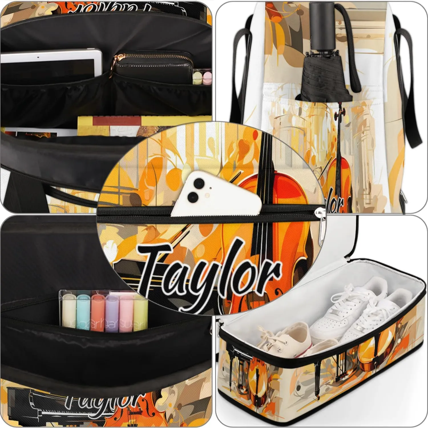 Personalized Duffel Bag with Name, Custom Violin Piano Travel Sports Gym Yoga Beach Bag Customized Weekender Overnight Bag with Shoes Compartment for Women, Musical Theme