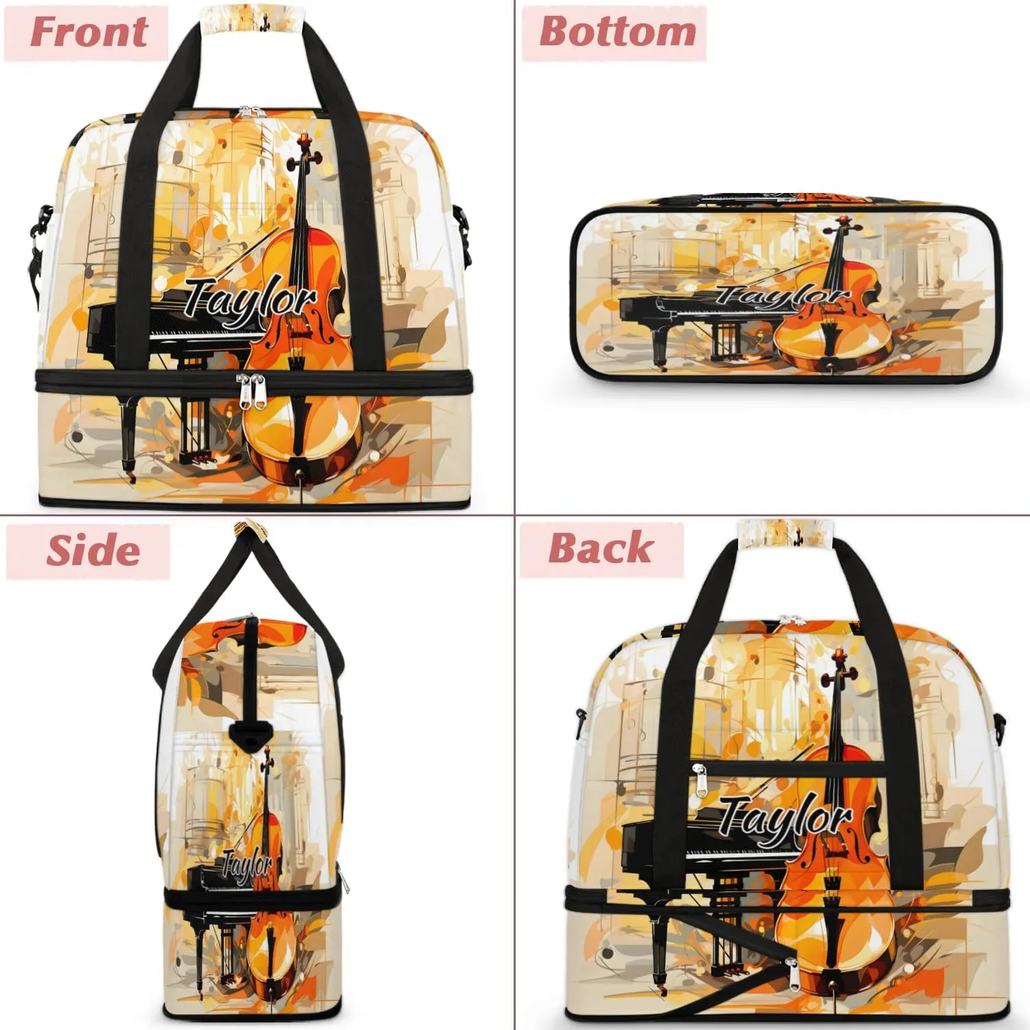 Personalized Duffel Bag with Name, Custom Violin Piano Travel Sports Gym Yoga Beach Bag Customized Weekender Overnight Bag with Shoes Compartment for Women, Musical Theme