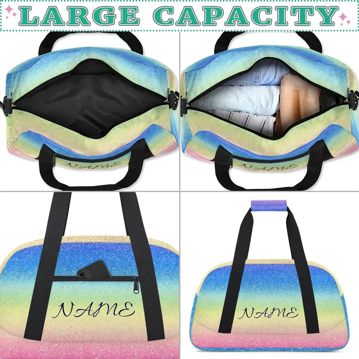 Personalized Duffle Bag, Custom Name Sport Gym Bag Weekender Overnight Bags Travel Duffel Bag, Blue Pink