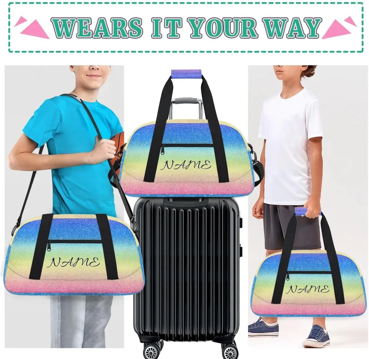 Personalized Duffle Bag, Custom Name Sport Gym Bag Weekender Overnight Bags Travel Duffel Bag, Blue Pink
