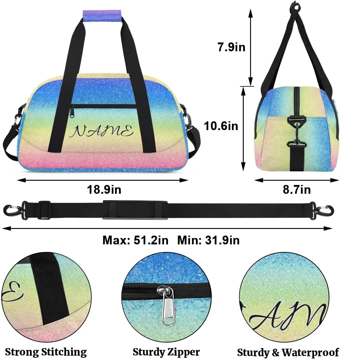 Personalized Duffle Bag, Custom Name Sport Gym Bag Weekender Overnight Bags Travel Duffel Bag, Blue Pink