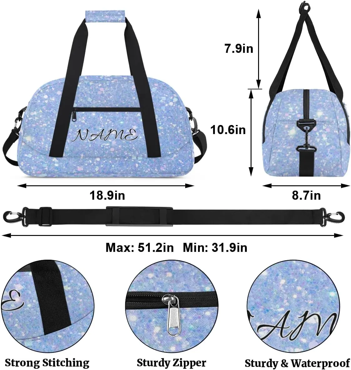 Personalized Duffle Bag, Custom Name Sport Gym Bag Weekender Overnight Bags Travel Duffel Bag, Blue