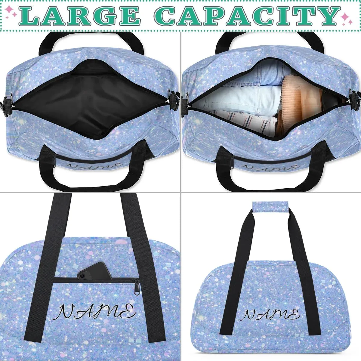 Personalized Duffle Bag, Custom Name Sport Gym Bag Weekender Overnight Bags Travel Duffel Bag, Blue