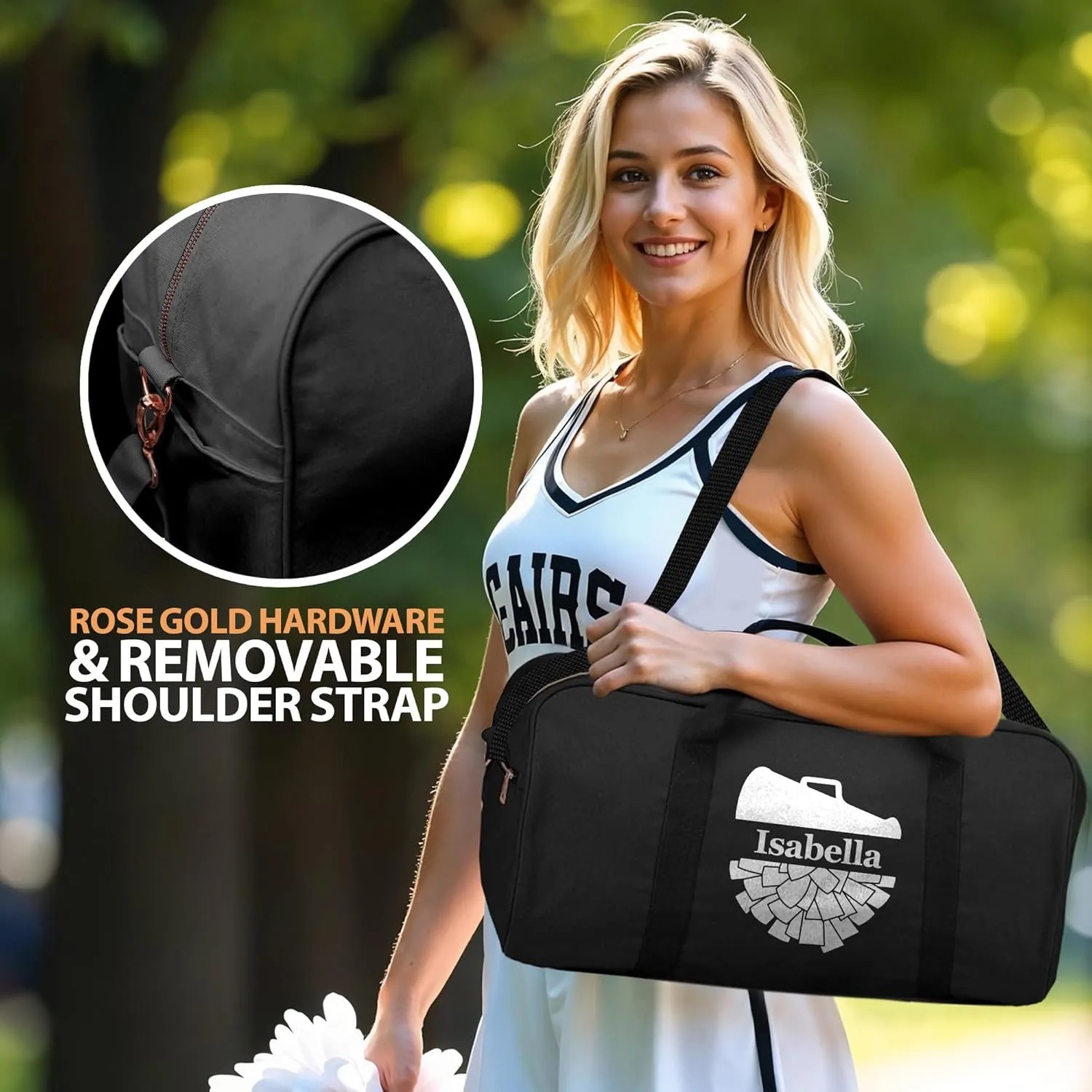 Personalized Duffle Bag with Name for Cheerleader, Personalized Weekender Duffle, Custom Carry On Tote Bags for Cheer Uniform, Travel Essentials Cheerleader Gifts Overnight Luggage Bag- Black