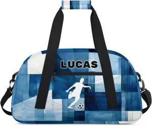 Personalized Football Bag Sports Duffel Bag Boys, Custom Name Sport Fitness Duffle Bag Travel Weekender Lightweight Swimming Training Bags, Playing Soccer, Watercolor Blue Geometric Pattern