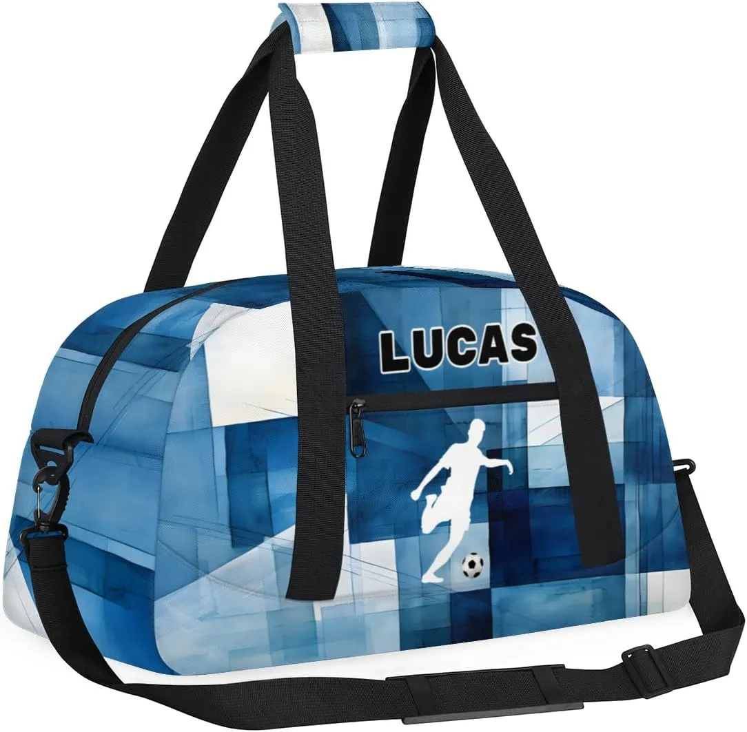 Personalized Football Bag Sports Duffel Bag Boys, Custom Name Sport Fitness Duffle Bag Travel Weekender Lightweight Swimming Training Bags, Playing Soccer, Watercolor Blue Geometric Pattern