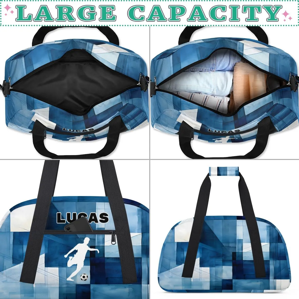 Personalized Football Bag Sports Duffel Bag Boys, Custom Name Sport Fitness Duffle Bag Travel Weekender Lightweight Swimming Training Bags, Playing Soccer, Watercolor Blue Geometric Pattern