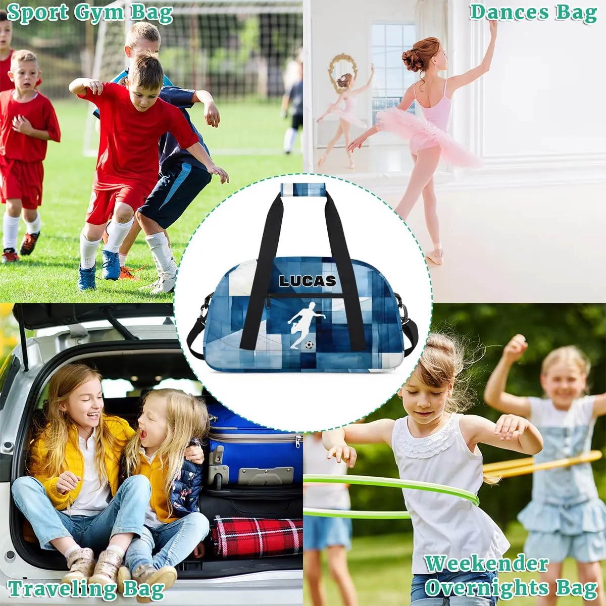 Personalized Football Bag Sports Duffel Bag Boys, Custom Name Sport Fitness Duffle Bag Travel Weekender Lightweight Swimming Training Bags, Playing Soccer, Watercolor Blue Geometric Pattern