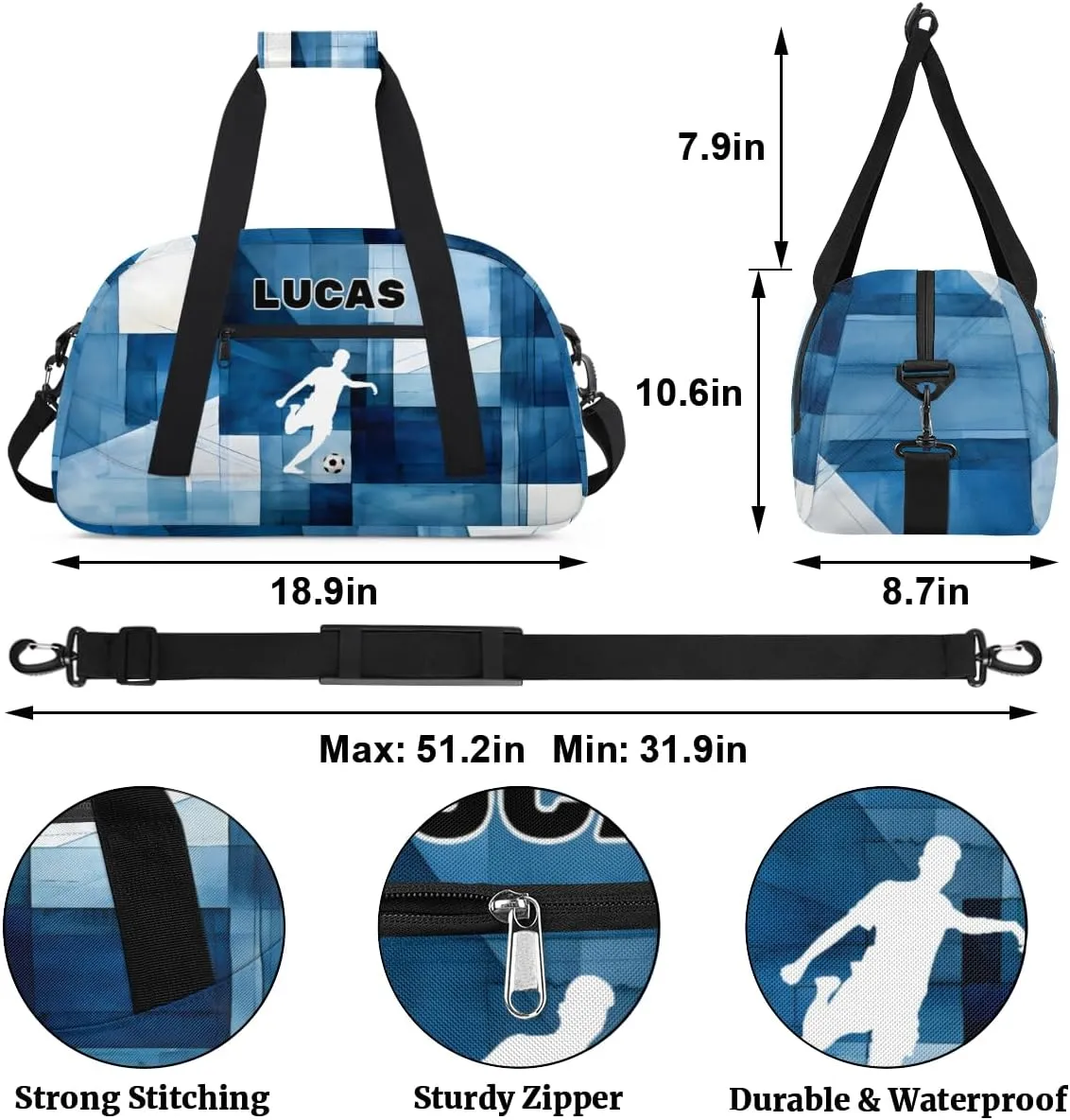 Personalized Football Bag Sports Duffel Bag Boys, Custom Name Sport Fitness Duffle Bag Travel Weekender Lightweight Swimming Training Bags, Playing Soccer, Watercolor Blue Geometric Pattern