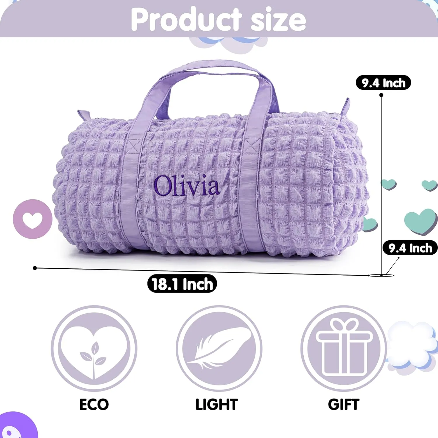 Personalized Girls Duffle Bag - Seersucker Overnight, Dance, Ballet Bag for Little Girls - Custom Small Kids Toddler Daycare Bag for Weekend Sleepover Travel (Purple)