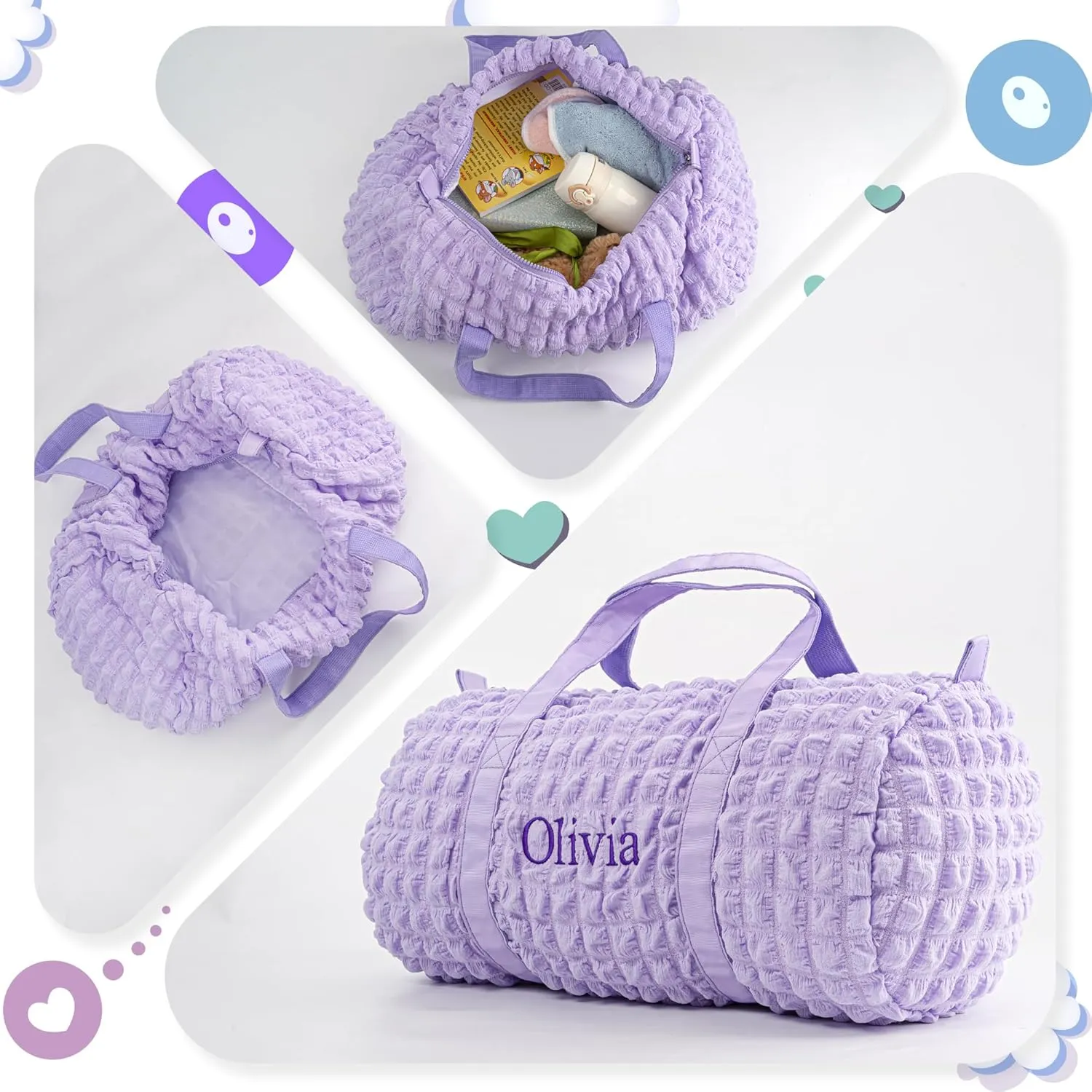 Personalized Girls Duffle Bag - Seersucker Overnight, Dance, Ballet Bag for Little Girls - Custom Small Kids Toddler Daycare Bag for Weekend Sleepover Travel (Purple)