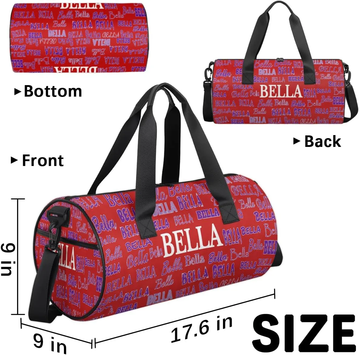 Personalized Girls Gym Bag Sport Duffle Bag, Custom Name Carry On Weekender Bag for Women Men Travel Vocation Business Trip, Red Background Solid Color