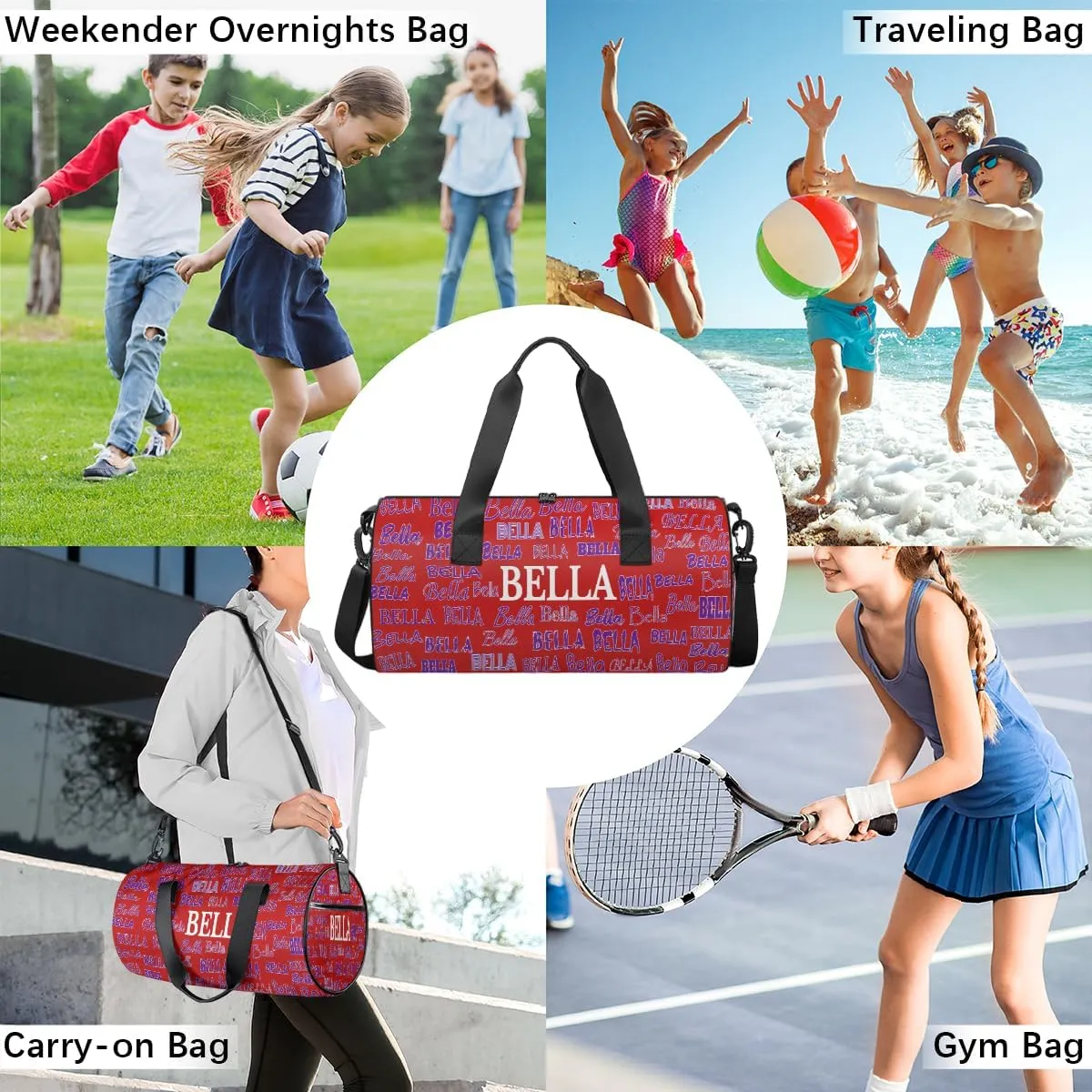 Personalized Girls Gym Bag Sport Duffle Bag, Custom Name Carry On Weekender Bag for Women Men Travel Vocation Business Trip, Red Background Solid Color