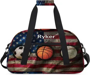 Personalized Gym Bag Ball for Boys, Custom Sport Gym Taekwondo Silhouette Cheerleading Duffel Bag Weekender Fitness Bags Travel Duffel Bag, Retro US Flag Soccer Basketball Baseball