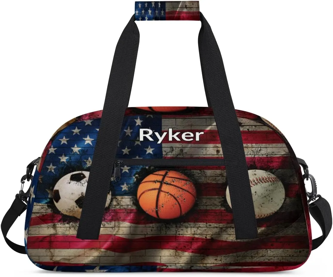Personalized Gym Bag Ball for Boys, Custom Sport Gym Taekwondo Silhouette Cheerleading Duffel Bag Weekender Fitness Bags Travel Duffel Bag, Retro US Flag Soccer Basketball Baseball