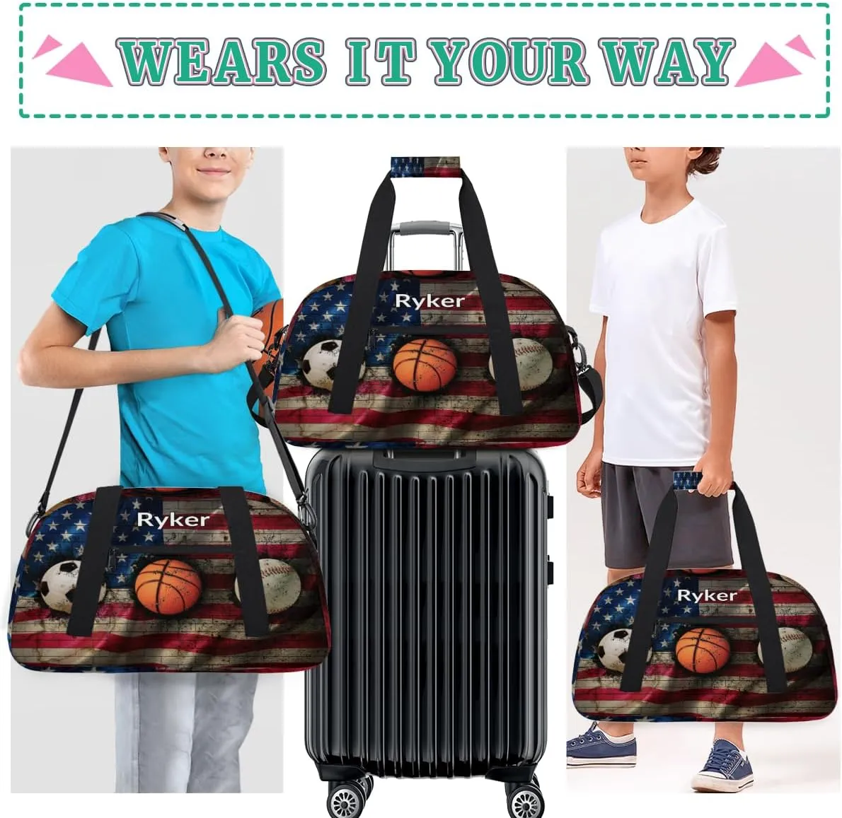 Personalized Gym Bag Ball for Boys, Custom Sport Gym Taekwondo Silhouette Cheerleading Duffel Bag Weekender Fitness Bags Travel Duffel Bag, Retro US Flag Soccer Basketball Baseball