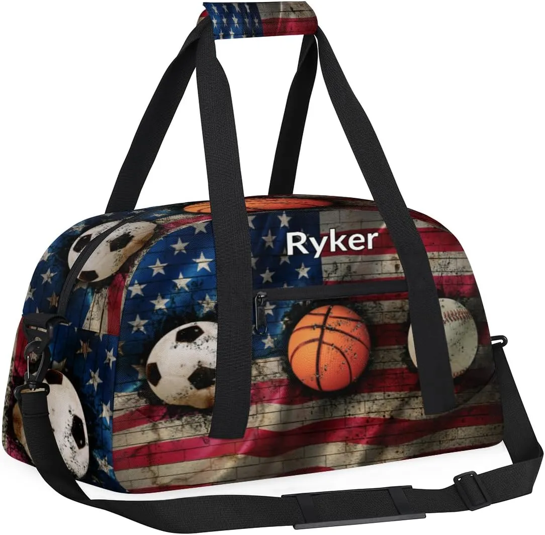Personalized Gym Bag Ball for Boys, Custom Sport Gym Taekwondo Silhouette Cheerleading Duffel Bag Weekender Fitness Bags Travel Duffel Bag, Retro US Flag Soccer Basketball Baseball