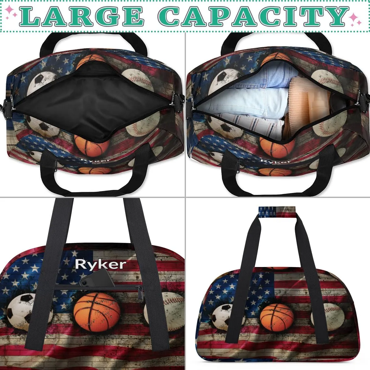 Personalized Gym Bag Ball for Boys, Custom Sport Gym Taekwondo Silhouette Cheerleading Duffel Bag Weekender Fitness Bags Travel Duffel Bag, Retro US Flag Soccer Basketball Baseball