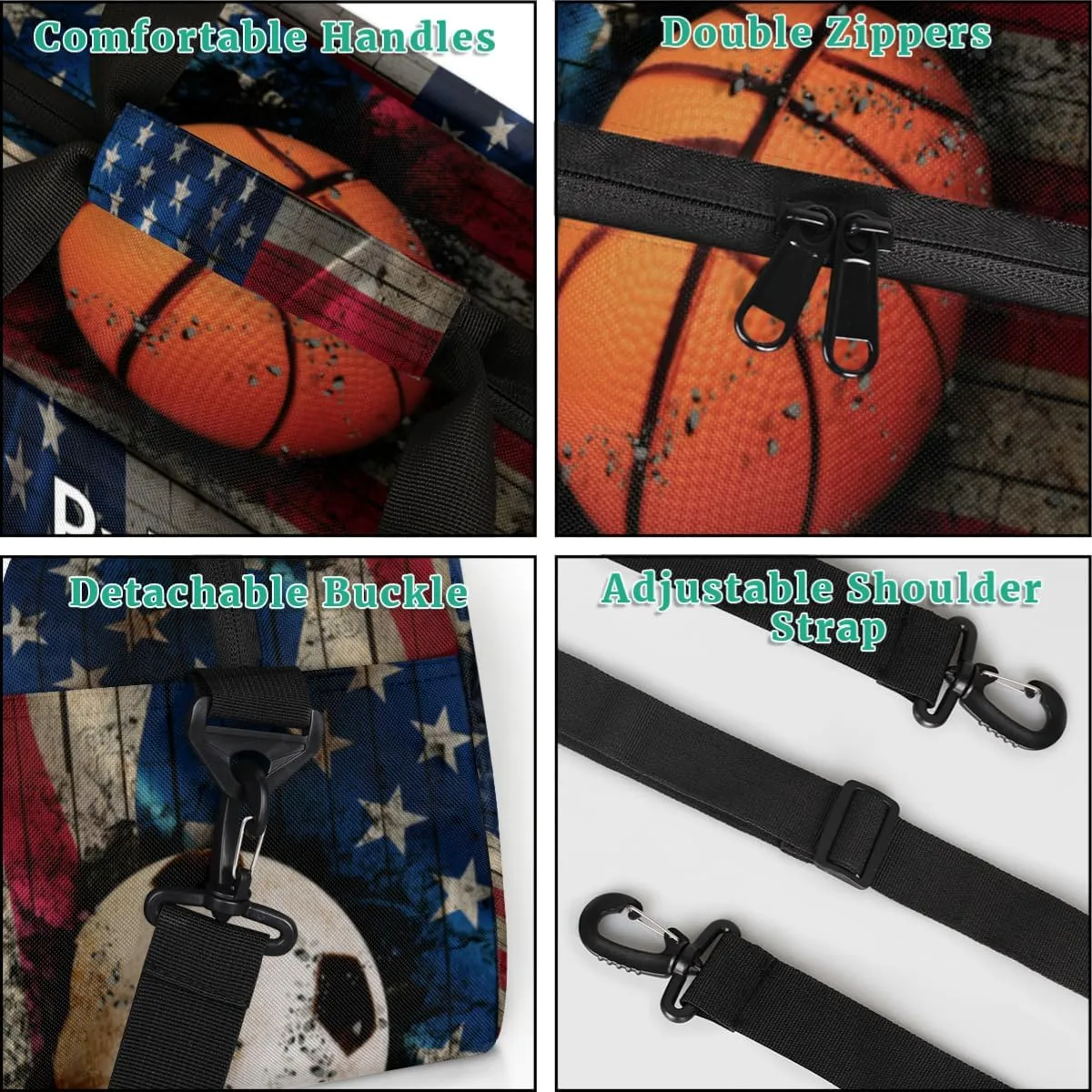 Personalized Gym Bag Ball for Boys, Custom Sport Gym Taekwondo Silhouette Cheerleading Duffel Bag Weekender Fitness Bags Travel Duffel Bag, Retro US Flag Soccer Basketball Baseball