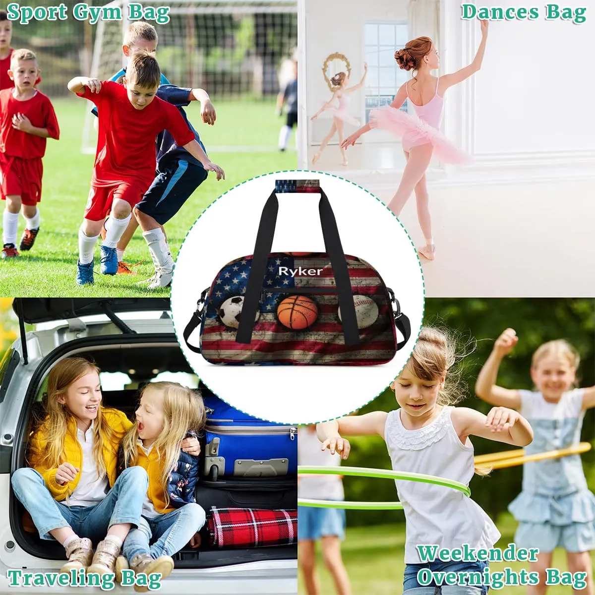 Personalized Gym Bag Ball for Boys, Custom Sport Gym Taekwondo Silhouette Cheerleading Duffel Bag Weekender Fitness Bags Travel Duffel Bag, Retro US Flag Soccer Basketball Baseball