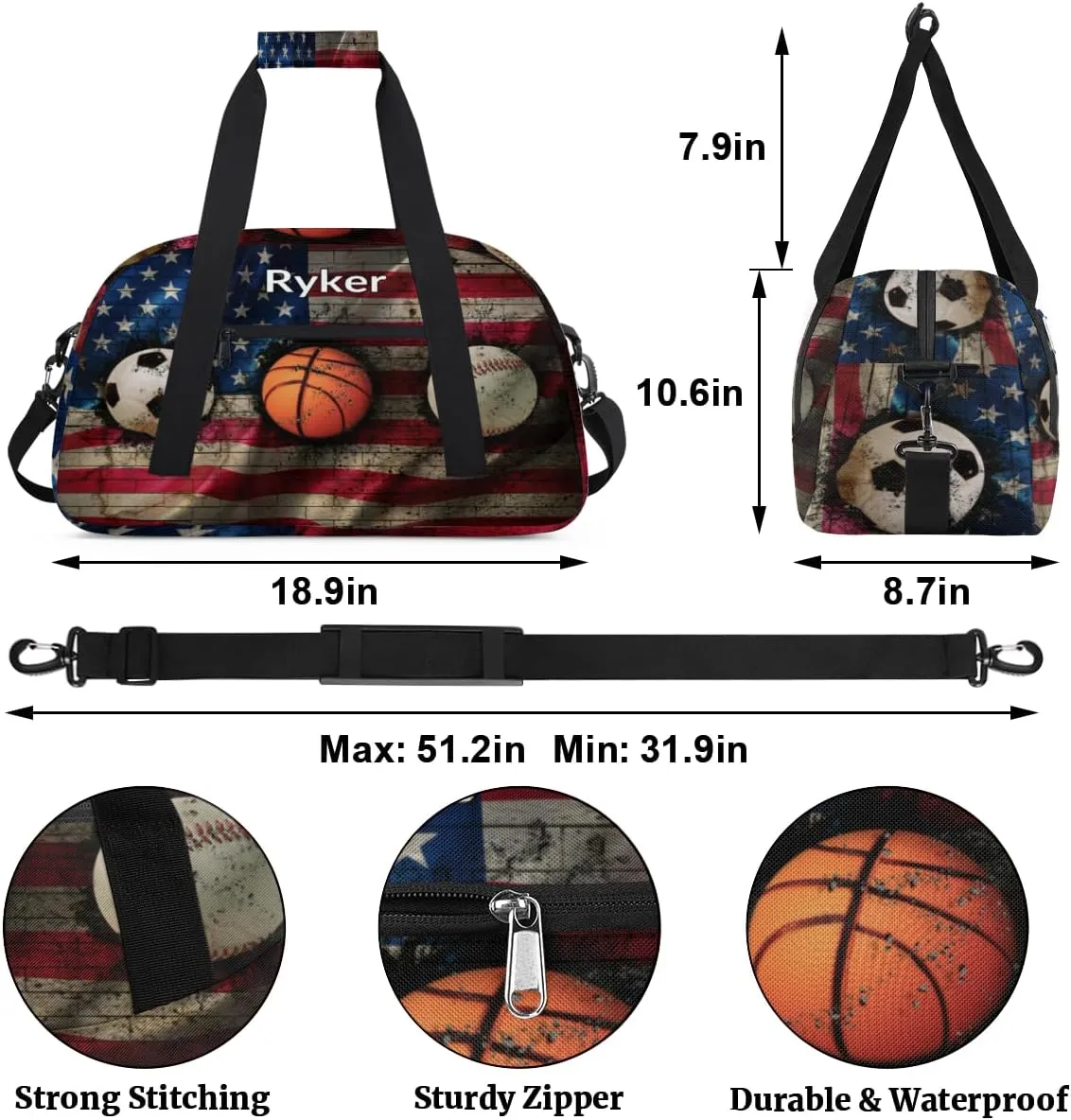 Personalized Gym Bag Ball for Boys, Custom Sport Gym Taekwondo Silhouette Cheerleading Duffel Bag Weekender Fitness Bags Travel Duffel Bag, Retro US Flag Soccer Basketball Baseball