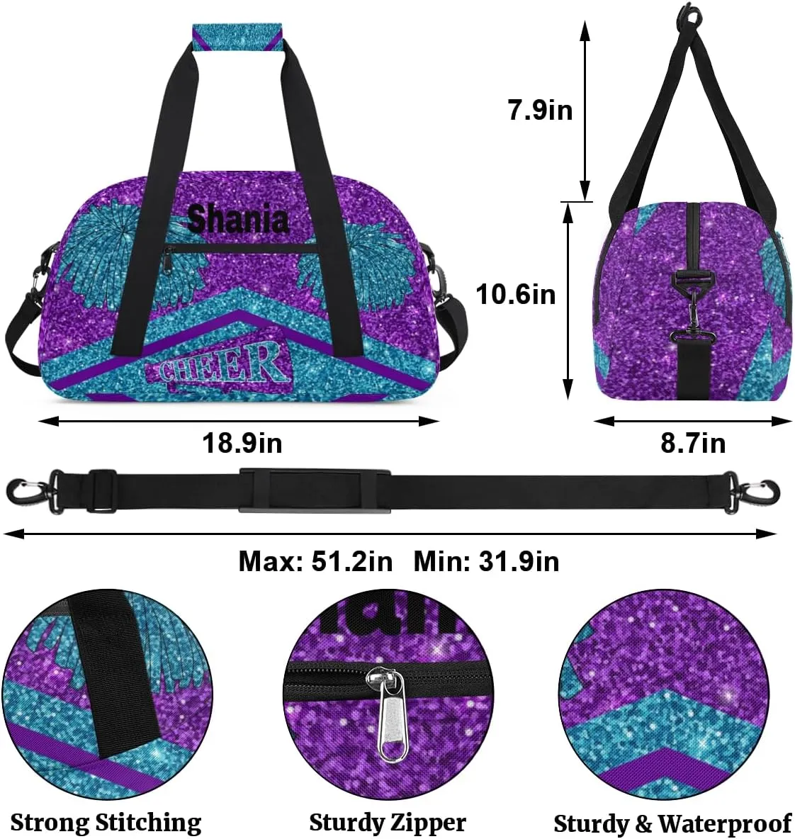 Personalized Gym Bag Cheer Bag Kids Girls, Custom Name Weekender Gymnastics Cheerleading Training Bag for Women Traveling Business Trip, Watercolor Purple Blue Glitters