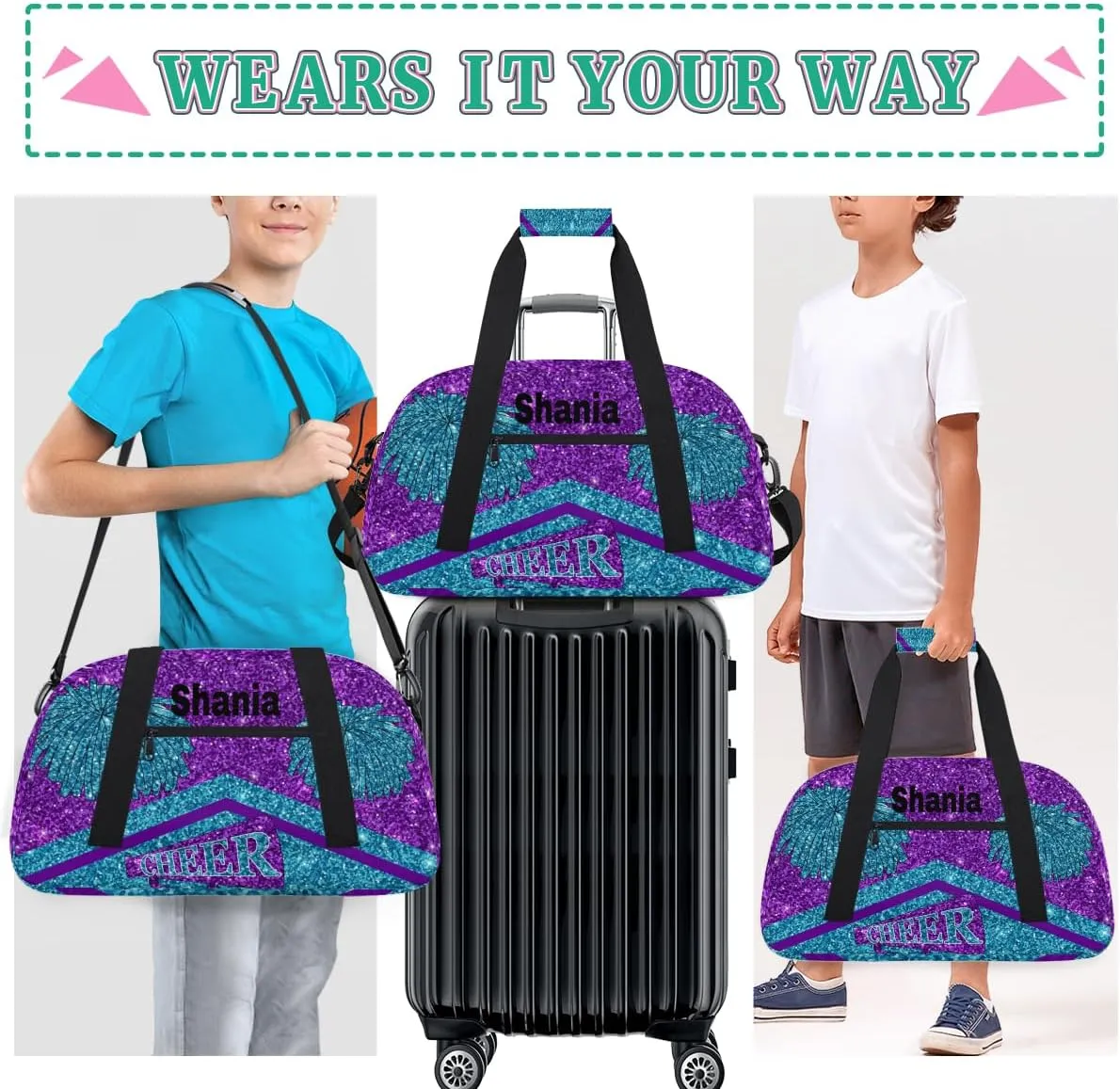 Personalized Gym Bag Cheer Bag Kids Girls, Custom Name Weekender Gymnastics Cheerleading Training Bag for Women Traveling Business Trip, Watercolor Purple Blue Glitters