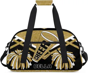 Personalized Gym Bag Cheer Bag Kids Girls, Custom Name Weekender Gymnastics Cheerleading Training Bag for Women Traveling Business Trip, Yellow Gold Glitter Black