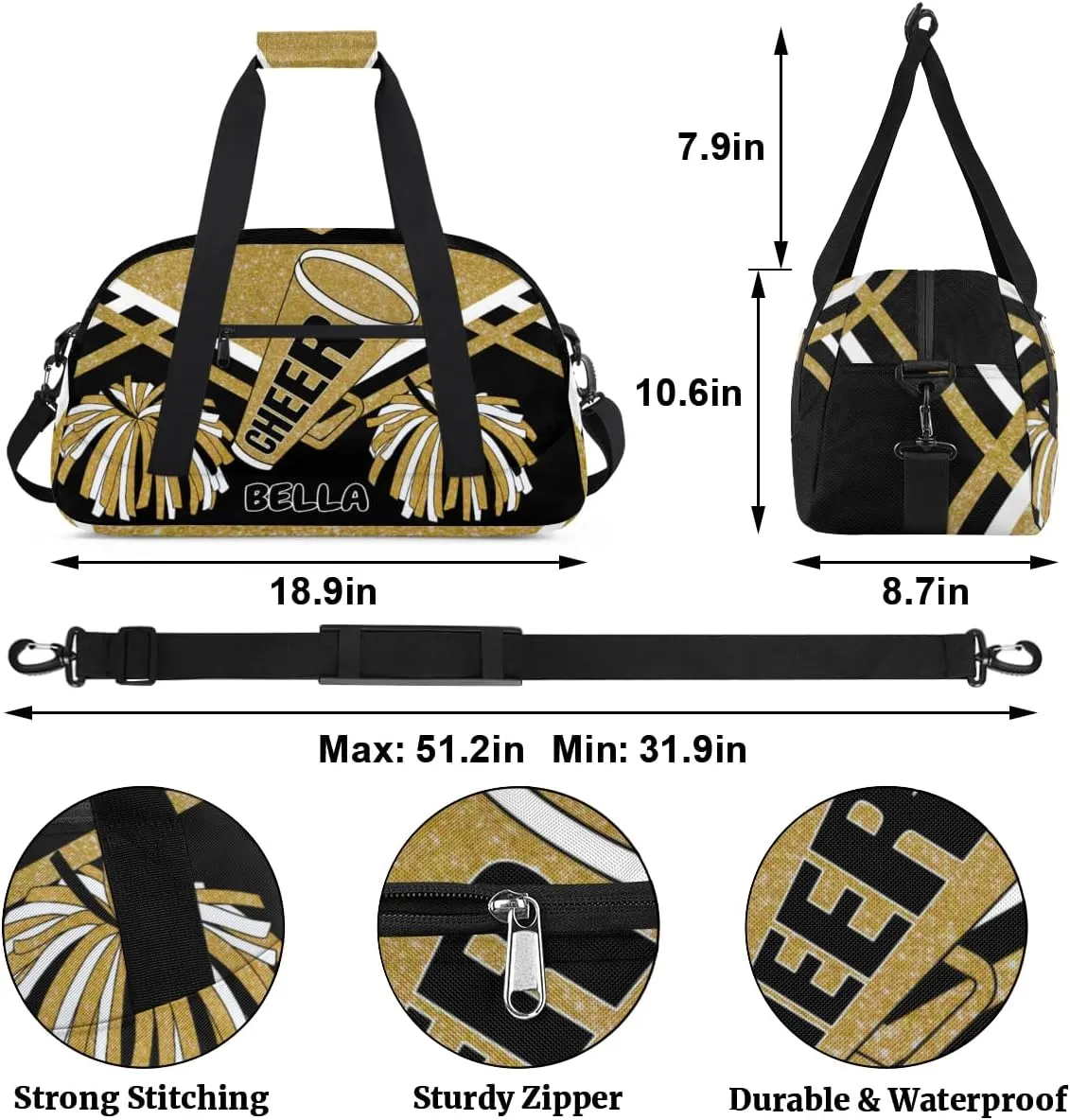 Personalized Gym Bag Cheer Bag Kids Girls, Custom Name Weekender Gymnastics Cheerleading Training Bag for Women Traveling Business Trip, Yellow Gold Glitter Black