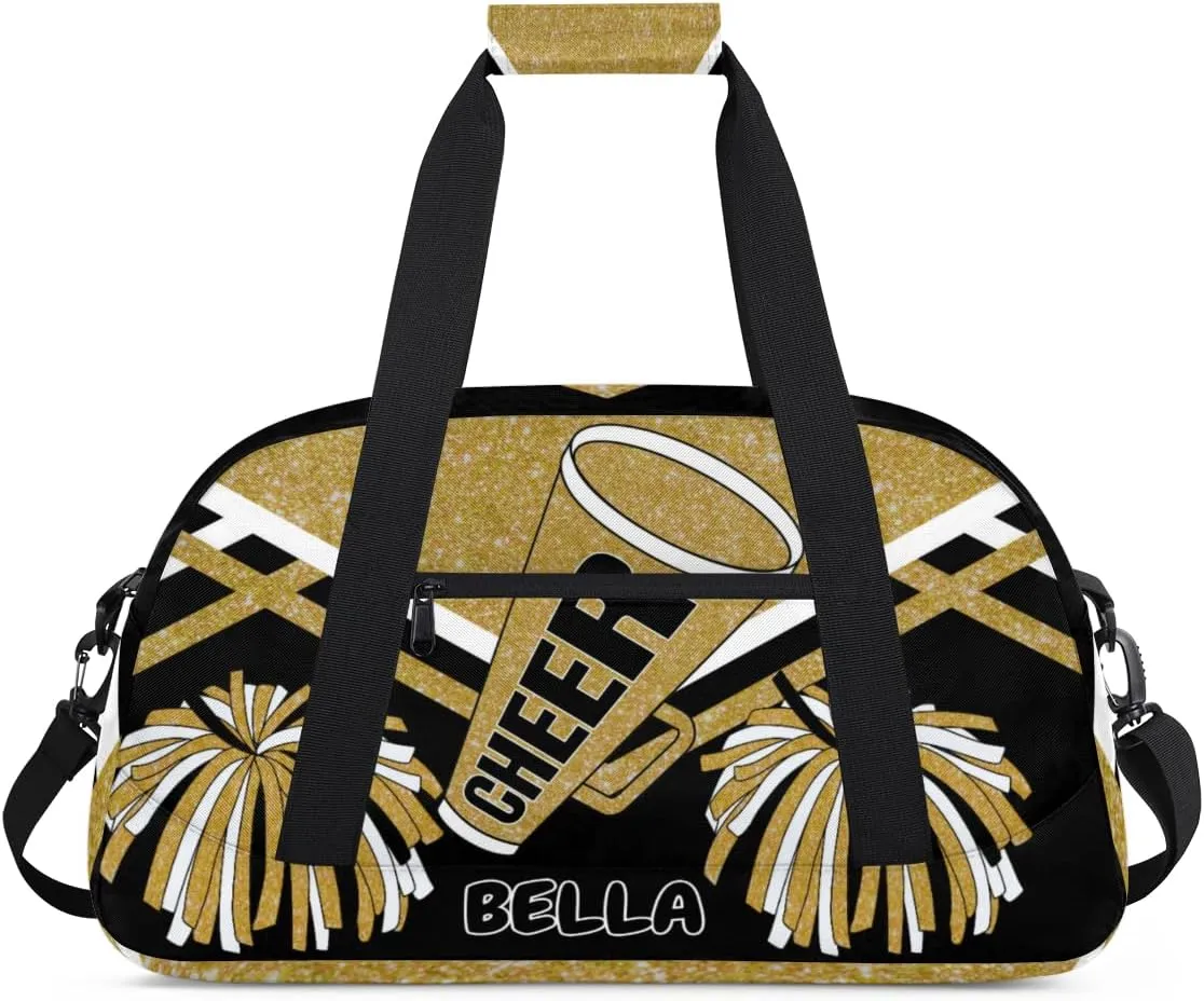 Personalized Gym Bag Cheer Bag Kids Girls, Custom Name Weekender Gymnastics Cheerleading Training Bag for Women Traveling Business Trip, Yellow Gold Glitter Black