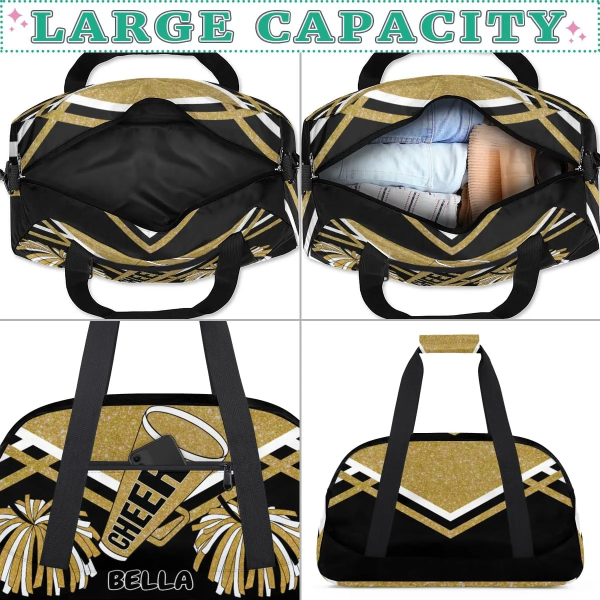 Personalized Gym Bag Cheer Bag Kids Girls, Custom Name Weekender Gymnastics Cheerleading Training Bag for Women Traveling Business Trip, Yellow Gold Glitter Black