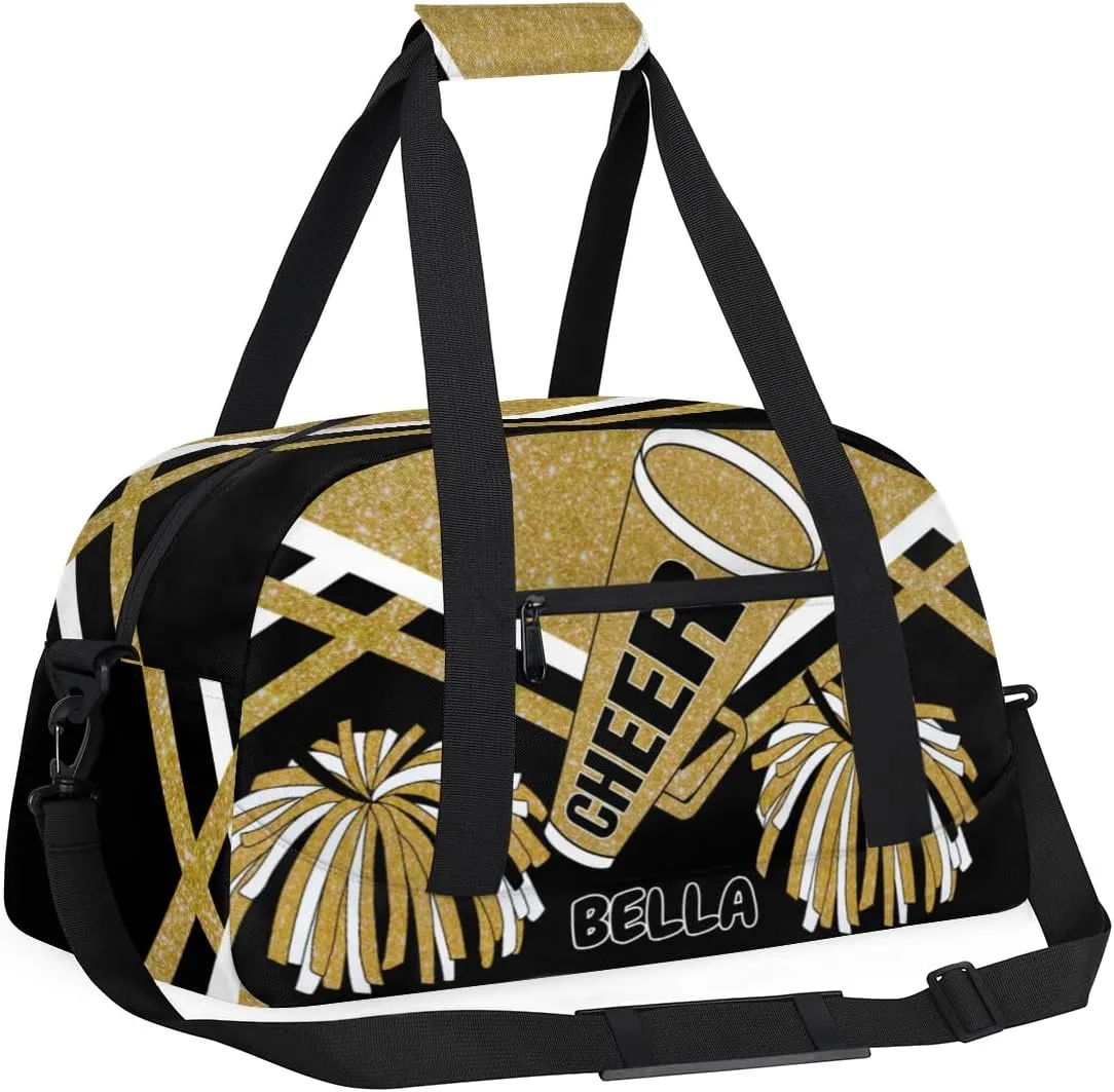 Personalized Gym Bag Cheer Bag Kids Girls, Custom Name Weekender Gymnastics Cheerleading Training Bag for Women Traveling Business Trip, Yellow Gold Glitter Black