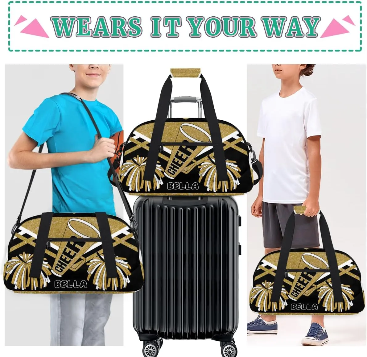Personalized Gym Bag Cheer Bag Kids Girls, Custom Name Weekender Gymnastics Cheerleading Training Bag for Women Traveling Business Trip, Yellow Gold Glitter Black
