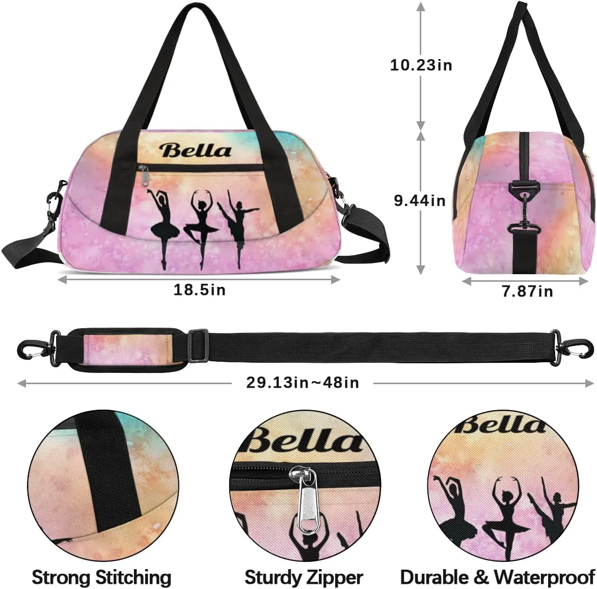Personalized Gym Bag Dance Bag for Girls, Personalized Gifts Custom Sports Gym Bag, Customized Kids Duffel Bags Weekender Overnight Bag Travel Duffel Bag, Colorful Watercolor Mermaid Scales Ballet