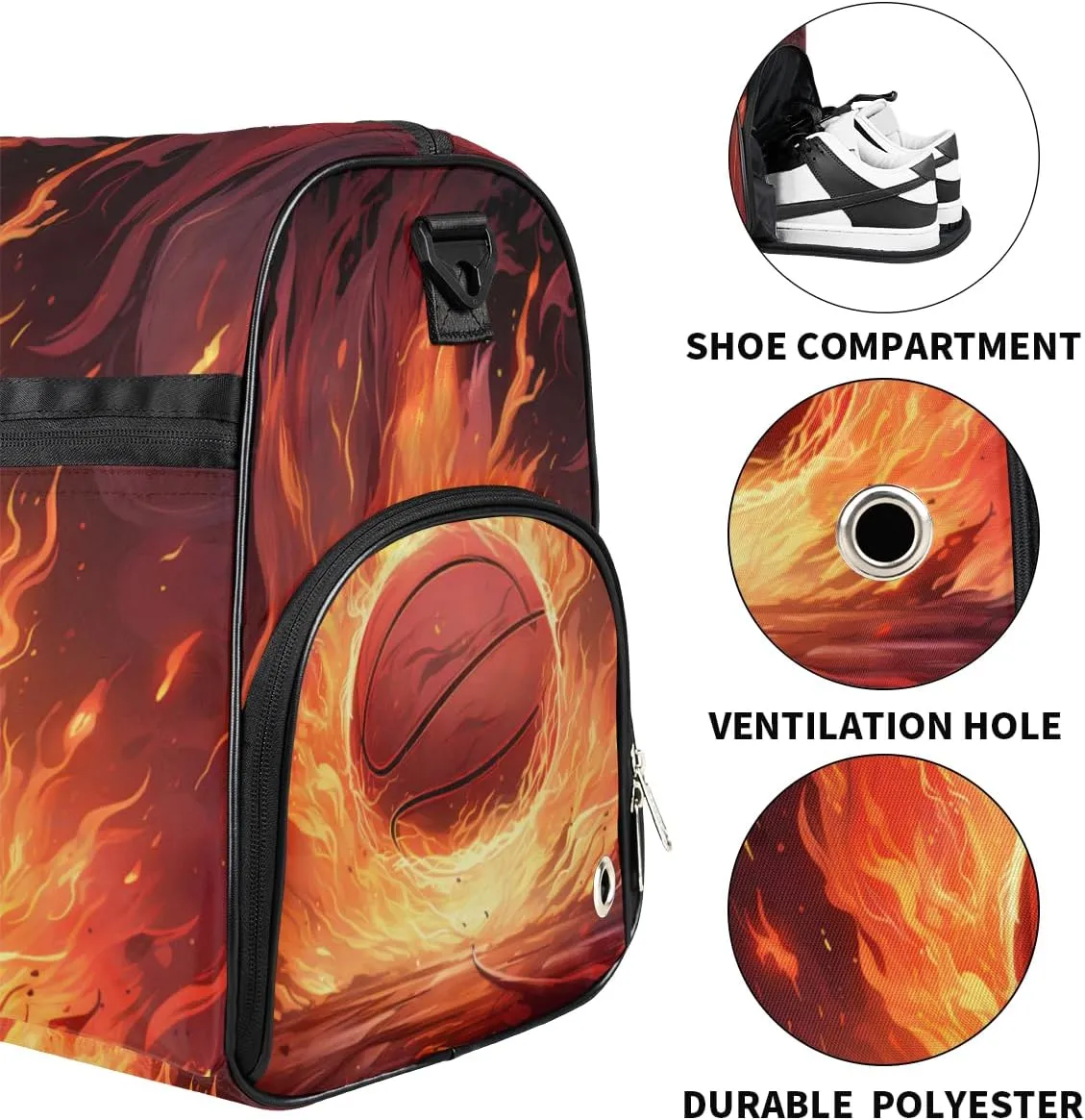 Personalized Gym Bag for Boys Men, Personalized Custom Sports Duffle Bag with Shoes Compartment, Customized Dance Bag Weekender Overnight Bag Travel Duffel Bag, Fire Sports Basketball