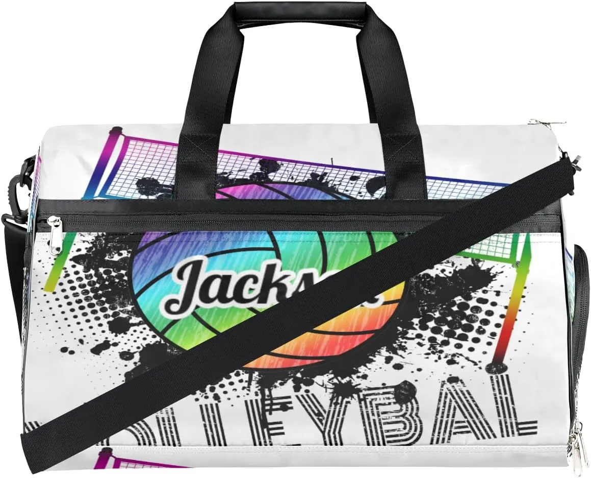 Personalized Gym Bag for Boys Men, Personalized Custom Sports Duffle Bag with Shoes Compartment, Customized Dance Bag Weekender Overnight Bag Travel Duffel Bag, Sports Rainbow Volleyball
