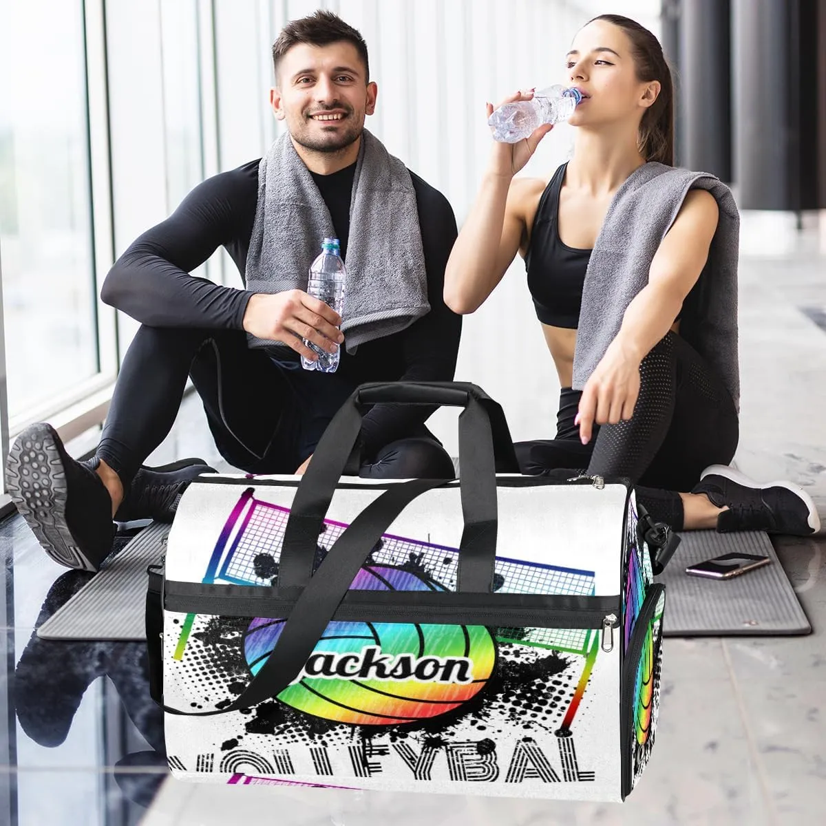 Personalized Gym Bag for Boys Men, Personalized Custom Sports Duffle Bag with Shoes Compartment, Customized Dance Bag Weekender Overnight Bag Travel Duffel Bag, Sports Rainbow Volleyball