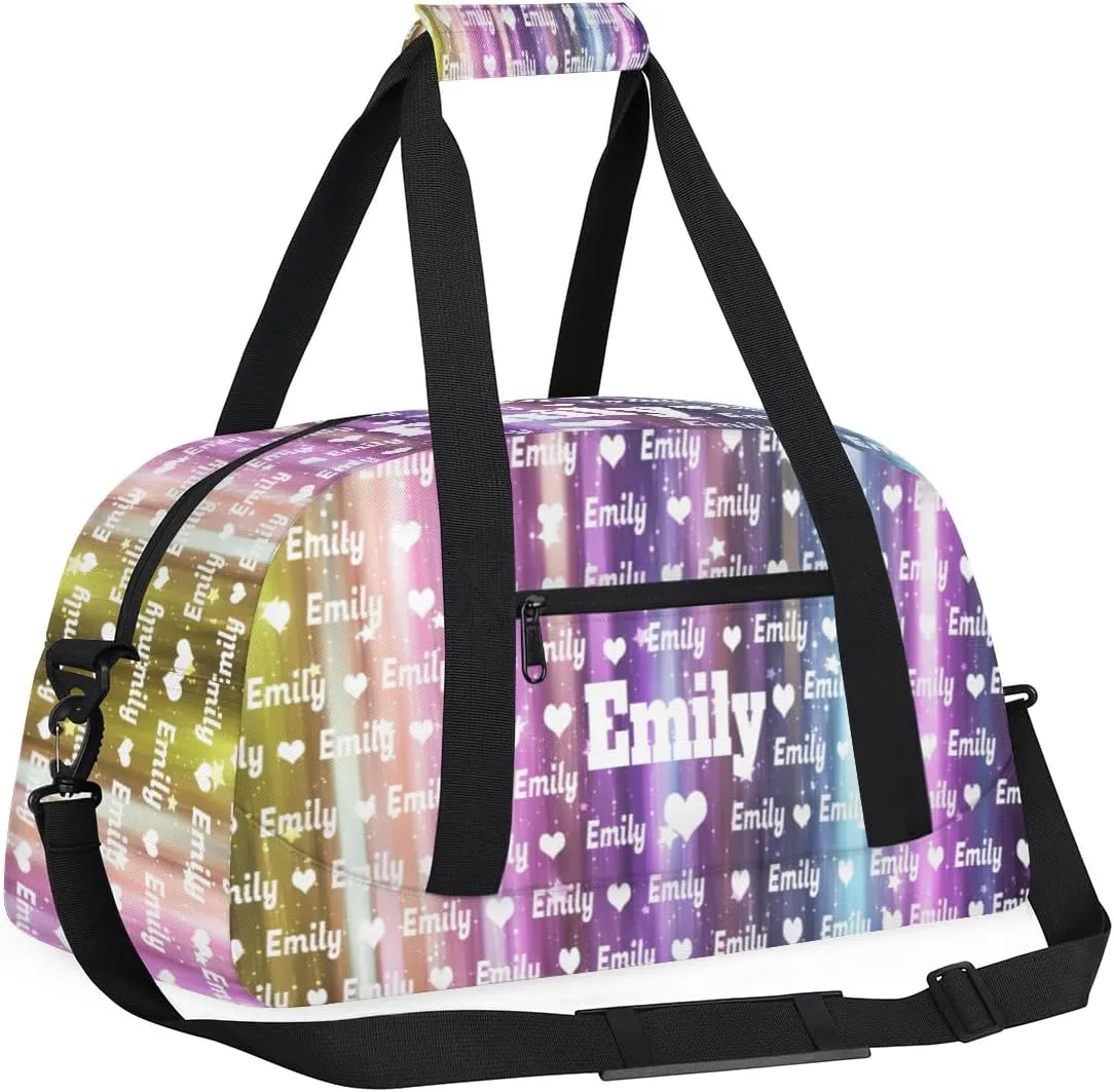 Personalized Gym Bag for Girls Teens, Custom Dance Bag Named Love Heart Overnight Small Duffel Bag for Practice Gymnastics Ballet Sports Bag, Gradient Purple Blue