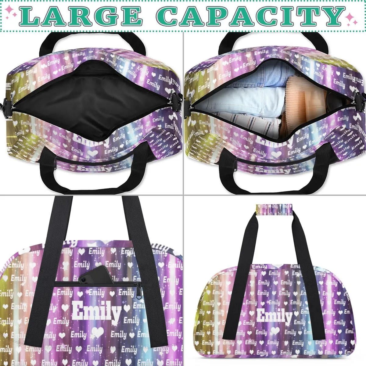 Personalized Gym Bag for Girls Teens, Custom Dance Bag Named Love Heart Overnight Small Duffel Bag for Practice Gymnastics Ballet Sports Bag, Gradient Purple Blue