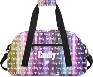 Personalized Gym Bag for Girls Teens, Custom Dance Bag Named Love Heart Overnight Small Duffel Bag for Practice Gymnastics Ballet Sports Bag, Gradient Purple Blue