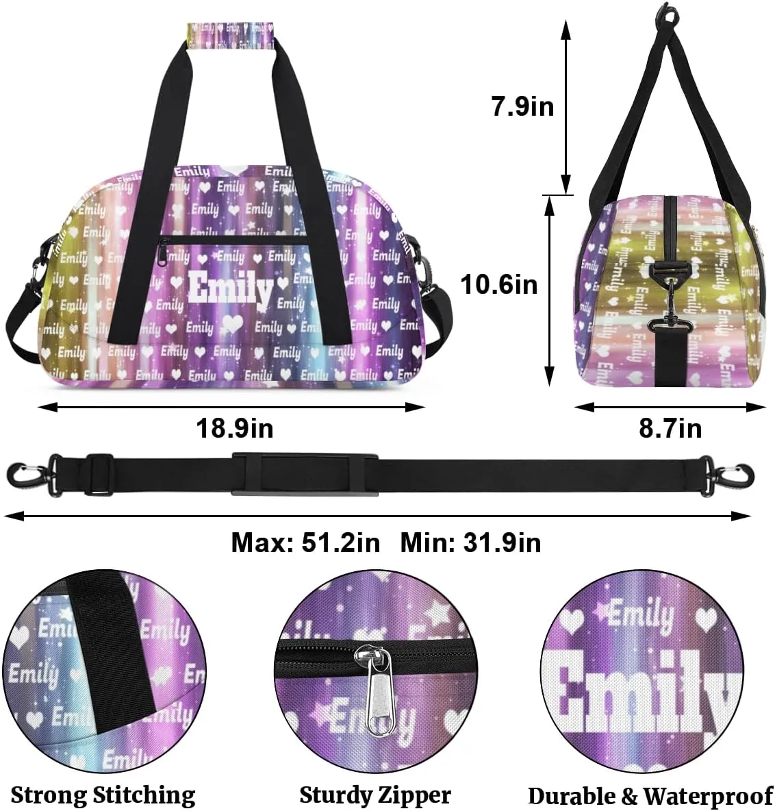 Personalized Gym Bag for Girls Teens, Custom Dance Bag Named Love Heart Overnight Small Duffel Bag for Practice Gymnastics Ballet Sports Bag, Gradient Purple Blue