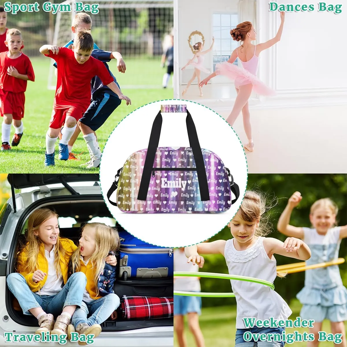 Personalized Gym Bag for Girls Teens, Custom Dance Bag Named Love Heart Overnight Small Duffel Bag for Practice Gymnastics Ballet Sports Bag, Gradient Purple Blue