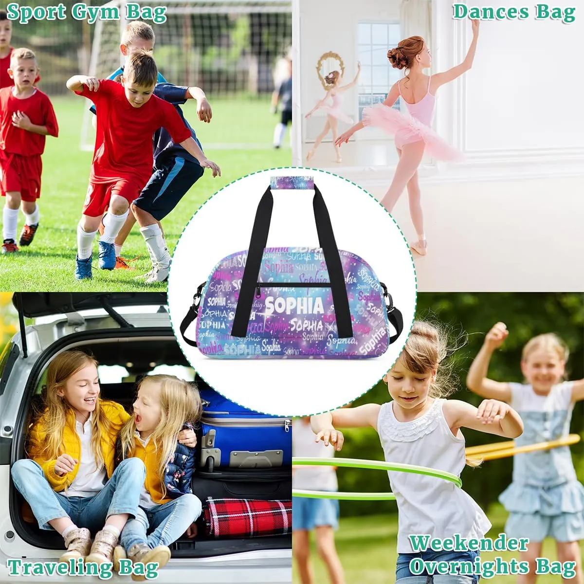 Personalized Gym Bag for Girls Teens, Custom Dance Bag Named Overnight Small Duffel Bag for Practice Gymnastics Ballet Sports Bag, Purple Blue Galaxy